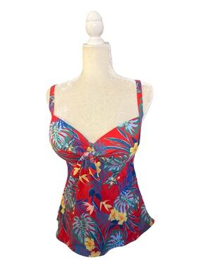 Stylish Swimwear Tropical Red Floral Tie-Front Swim Sexy Tankini Top SZ XL New